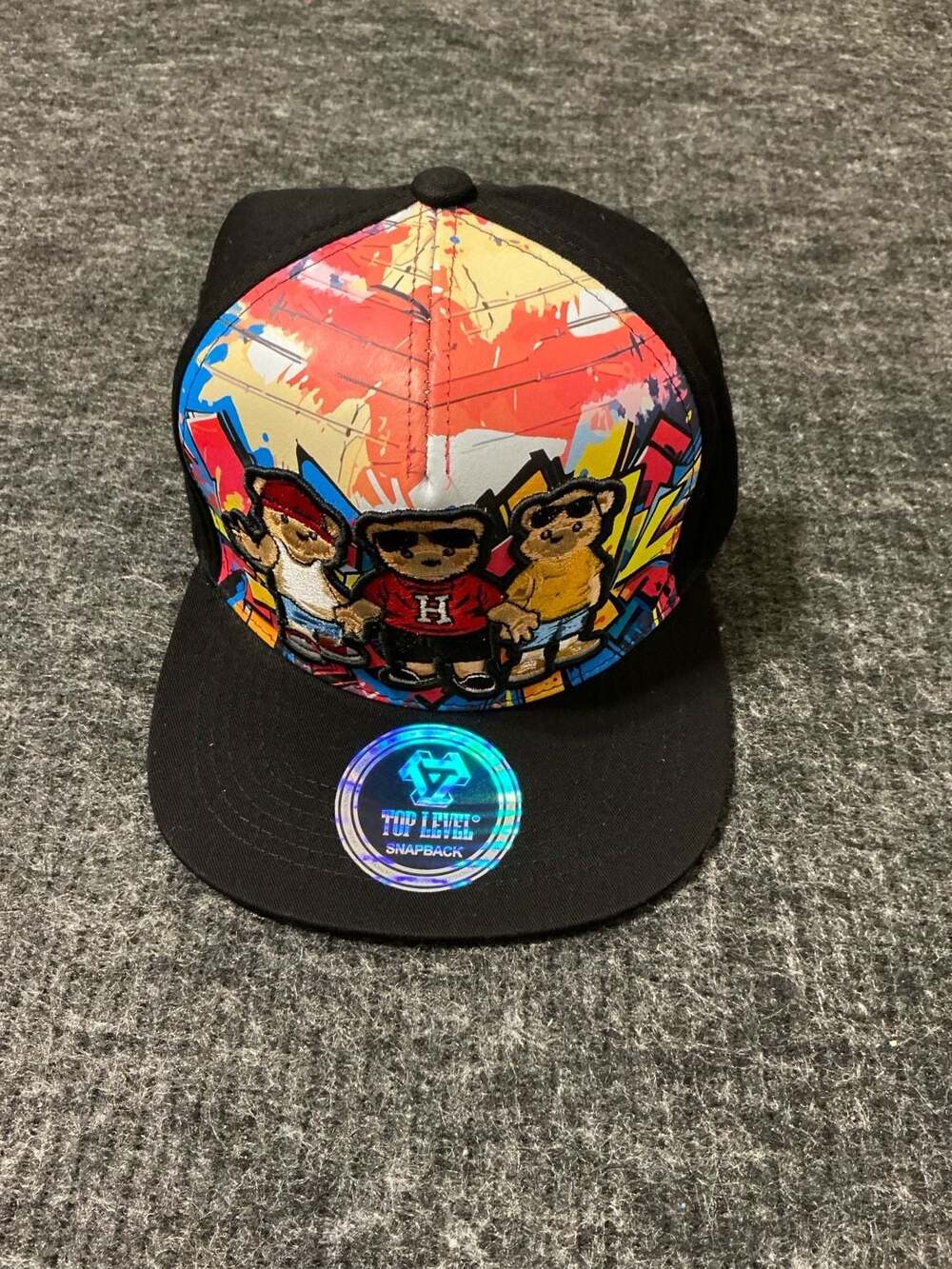 Top Level Snapback Hat Mens One Size Black Graffiti Teddy Bear Flat Bill Cap